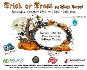 Trick or Treat on Main Street. Saturday, October 28, 12 to 2 PM. Games, Raffles, Face Painting, Balloon Twister, Food Trucks. Come Join the fun while supporting our local businesses! Proud supporter of the Teal Pumpkin Project. The Teal Pumpkin Project and the teal pumpkin image are trademarks of Food Allergy Research and Education (FARE).