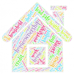 illustration of a house covered in housing-themed words in varying sizes and colors
