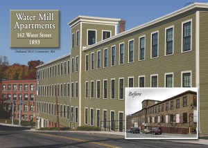 Water Mill Apartments, 142 Water Street, 1893, Dedicated 2012 | Leominster, MA. a large horizontal building with olive sides and rectangle windows, with a road in the foreground