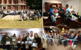 a combination of 4 photos of groups of people standing outdoors, standing indoors, holding certificates, and cutting a ribbon