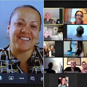 a combination of 2 photos with a smiling woman on the left and a partial screenshot of a Zoom meeting on the right