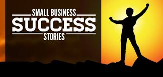 Small Business Success Stories logo. Dark silhouette of human figure raising arms triumphantly with yellow background