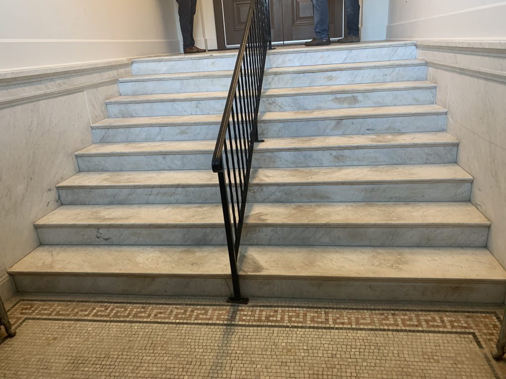 light marble stairs with a black metal railing in the middle, with mosaic tile flooring at the bottom