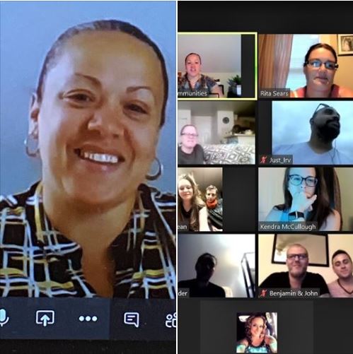 a combination of 2 photos with a smiling woman on the left and a partial screenshot of a Zoom meeting on the right